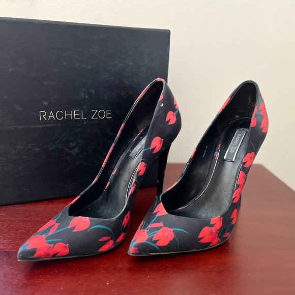 RACHEL ZOE  BLACK RED FLORAL STILETTOS - Picture 1 of 8